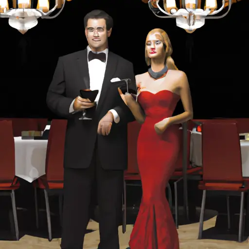 An image showcasing a couple, elegantly dressed in a dimly lit, upscale restaurant