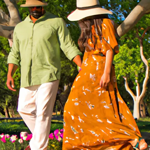 An image showcasing a couple strolling hand in hand through a vibrant park