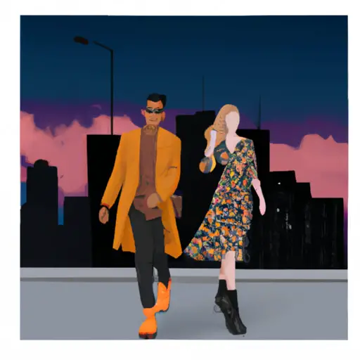 An image showcasing a stylish couple strolling through a vibrant cityscape at dusk