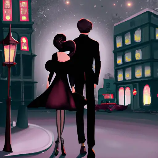 the essence of a romantic evening with an image showcasing a vibrant, elegant couple strolling down a moonlit street, wearing stylish ensembles that perfectly blend sophistication and allure