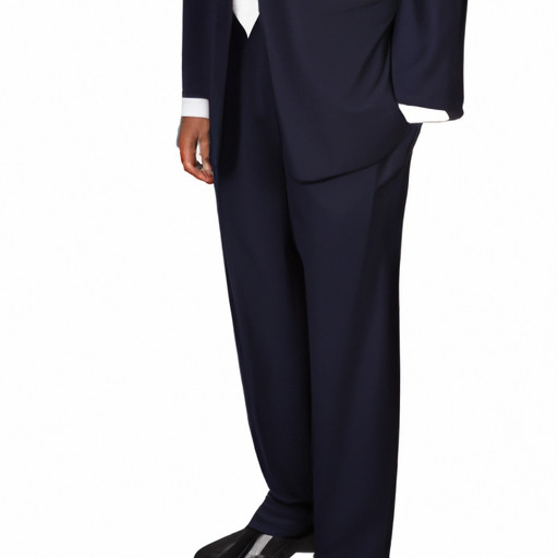 An image showcasing a sophisticated man wearing a tailored navy suit paired with a crisp white shirt, a slim black tie, and polished black dress shoes