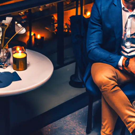 An image showcasing a stylish, modern man effortlessly pulling off a tailored navy blazer, crisp white shirt, dark denim jeans, and suede loafers while enjoying a romantic candlelit dinner at a trendy restaurant