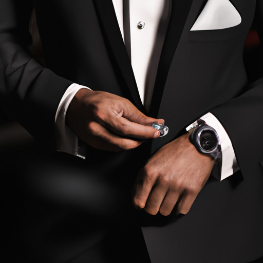  the essence of a polished date night look for men through an image showcasing a dapper gentleman wearing a tailored black suit, complemented by a sleek silver watch, a classic pocket square, and a pair of sophisticated cufflinks