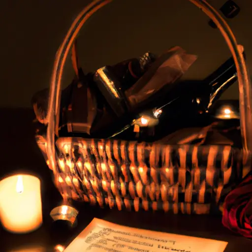 An image featuring a beautifully arranged wicker basket adorned with flickering candlesticks, a bottle of red wine, gourmet chocolates, fresh roses, and a handwritten love note, all set against a backdrop of soft candlelight