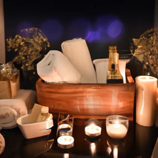 An image showcasing a cozy, candlelit room with a luxurious spa theme