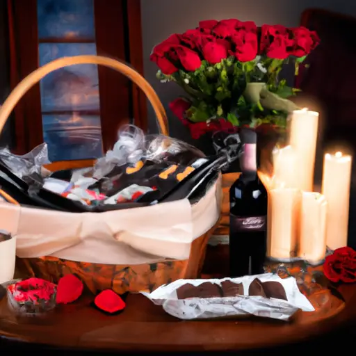 An image of a beautifully arranged romantic dinner date night basket, filled with a bottle of wine, scented candles, elegant dinnerware, a bouquet of red roses, and delectable chocolates, all set against a cozy backdrop
