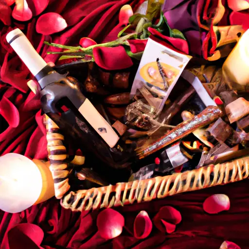 An image showcasing a beautifully arranged gift basket filled with a bottle of fine wine, artisanal chocolates, scented candles, a cozy blanket, and a handwritten love note, all nestled on a bed of rose petals