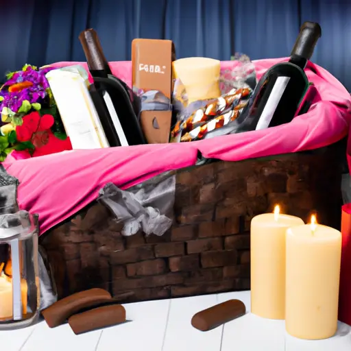 An image showcasing a beautifully arranged gift basket filled with romantic date night essentials: a bottle of fine wine, scented candles, decadent chocolates, a cozy blanket, and a carefully selected movie