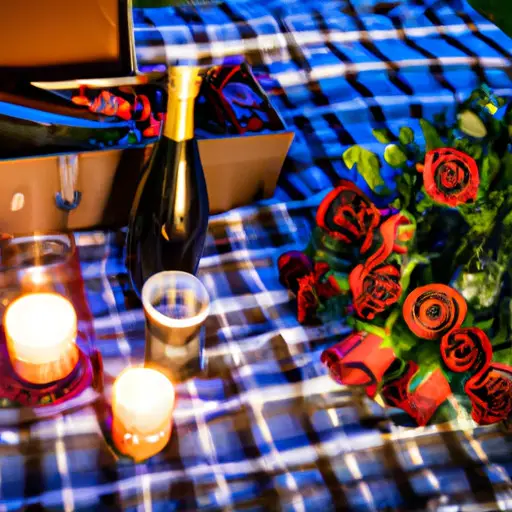 An image showcasing a beautifully decorated picnic blanket, adorned with flickering candlelight, a bottle of champagne, gourmet chocolates, and a bouquet of vibrant roses, evoking the perfect ambiance for a romantic date night