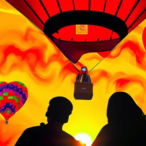 An image showcasing a couple enjoying a thrilling hot air balloon ride at sunset, with vibrant colors illuminating the sky