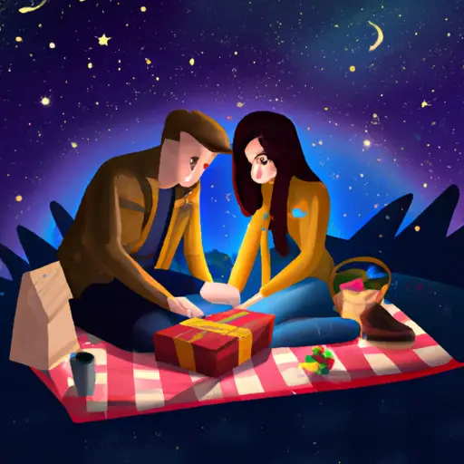 An image showcasing a couple sharing a cozy picnic under a starry night sky, with the man beaming as he unwraps a beautifully wrapped gift box filled with handwritten love letters and personalized tokens of appreciation