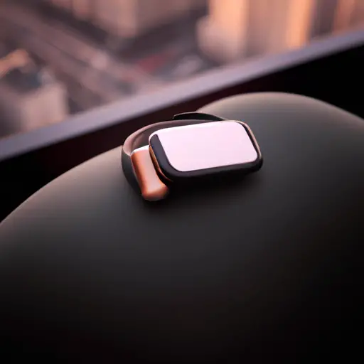 An image showcasing a sleek, modern smartwatch placed on a velvet cushion, next to a pair of wireless earbuds in a premium charging case