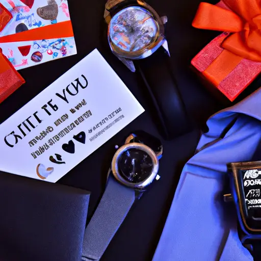 An image showcasing a well-dressed man surrounded by a variety of date night gifts, including a sleek watch, cologne, a gift card to his favorite restaurant, and tickets to a concert or sporting event