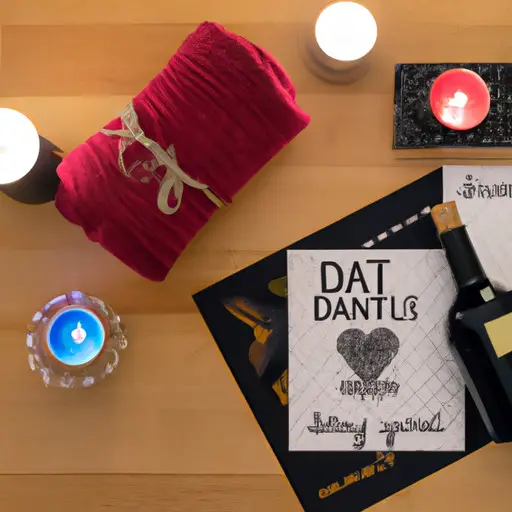 An image showcasing a beautifully arranged date night kit gift, featuring a cozy blanket, flickering candles, a vintage board game, a bottle of wine, and a stack of love-themed cards