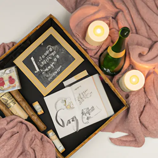 An image showcasing a beautifully crafted date night kit gift: a cozy blanket draped over a picnic basket filled with flickering candles, a handwritten love note, a classic board game, and two glasses of sparkling champagne