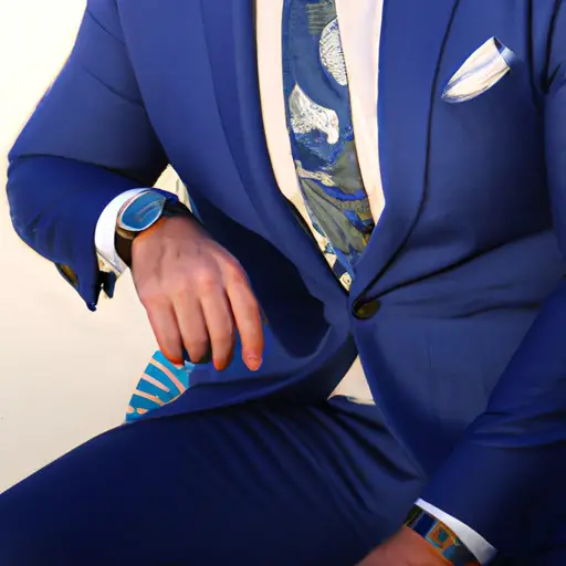 An image showcasing a sophisticated man wearing a tailored navy blazer with a pocket square, a crisp white dress shirt, polished leather shoes, a sleek watch, and a subtle silver tie clip, exuding timeless elegance and attention to detail