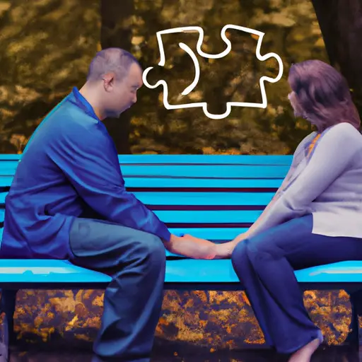 An image of a couple sitting on a park bench, holding hands