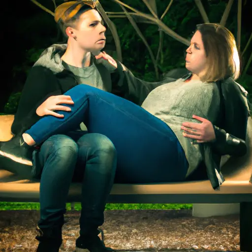 An image showcasing a couple sitting side by side on a park bench, sharing a gentle touch while gazing into each other's eyes, capturing the essence of deep emotional connection in a demisexual relationship