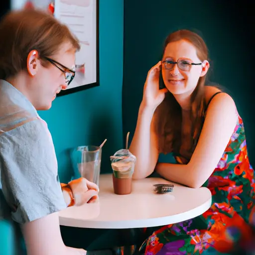 Create an image featuring a demisexual woman sitting in a cozy café, engrossed in deep conversation with her date