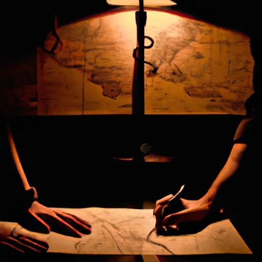An image capturing the allure of dating a detective: a dimly lit room reveals a silhouette of a couple, their hands intertwined, as a map of clues and evidence is spread out before them, hinting at a world of mystery and intrigue