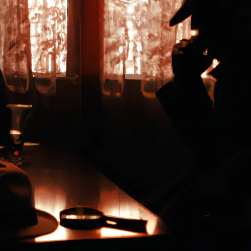  the essence of dating a detective in an image: In a dimly lit room, a detective's silhouette gazes out a rain-streaked window, a magnifying glass resting on the table, casting a faint reflection of a mysterious crime scene