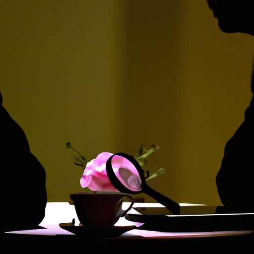 An image showcasing a dimly lit café table, where a detective's silhouette hovers mysteriously, engrossed in conversation with an intrigued partner