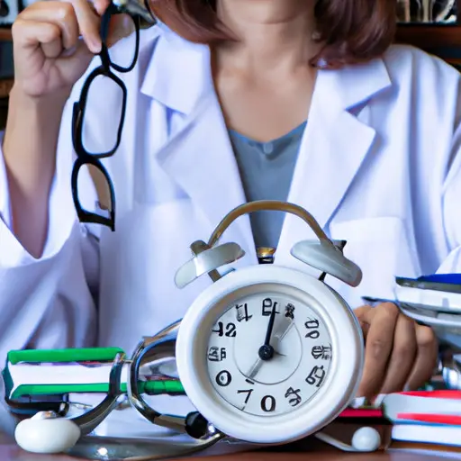 An image of a female doctor in her white coat, holding a stethoscope, surrounded by a cluttered desk with medical books, a calendar filled with appointments, and a clock ticking away