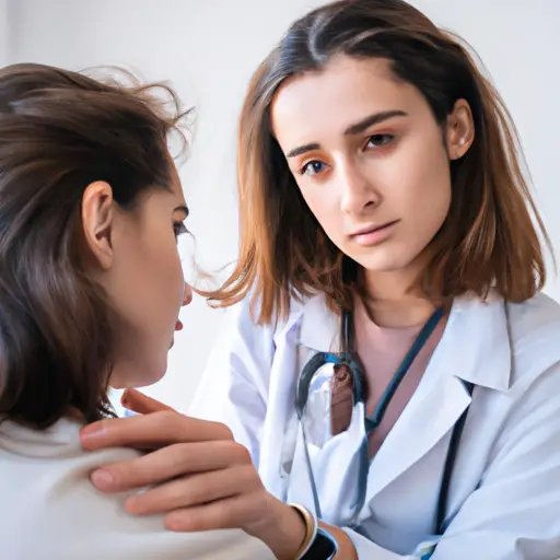 An image depicting a female doctor attentively listening to a patient's concerns, her compassionate gaze conveying empathy