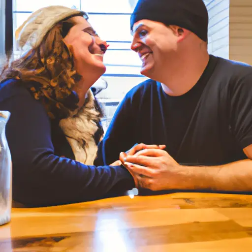 An image featuring a smiling couple in a cozy coffee shop, sitting across from each other at a table with hands intertwined