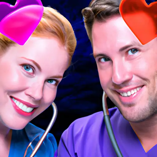 An image showcasing a female doctor and her partner smiling together, surrounded by medical instruments and a heart-shaped stethoscope