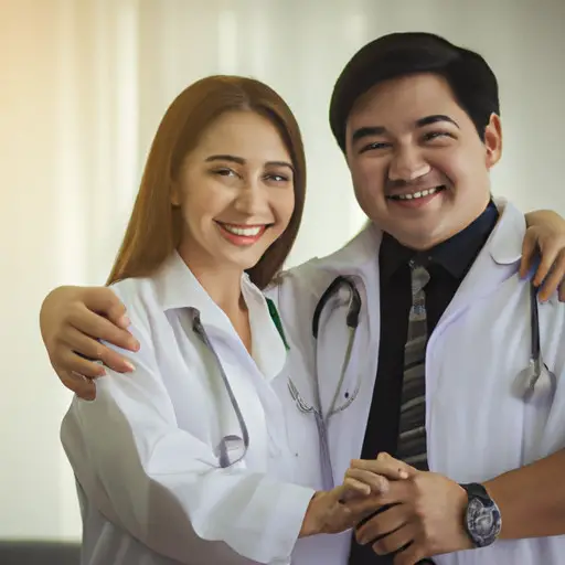 An image of a smiling couple holding hands, with the female doctor in a white lab coat and stethoscope around her neck, showcasing her professionalism while radiating warmth and affection