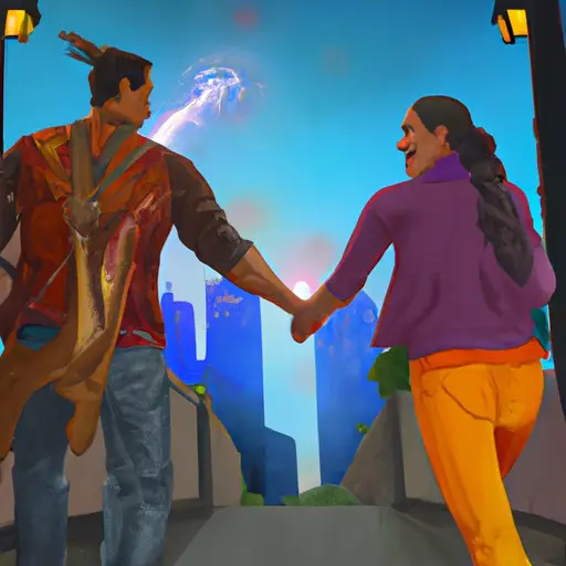 An image showcasing a Gemini man and his partner, hand in hand, as they explore a vibrant cityscape