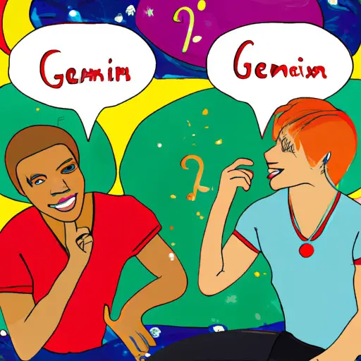 An image featuring a Gemini man engaged in a lively conversation with his partner, leaning in with animated gestures, while a thought bubble above them illustrates a diverse range of communication methods