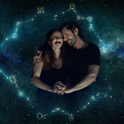 An image of a couple embracing under a starry night, with the Gemini zodiac constellation shining brightly overhead