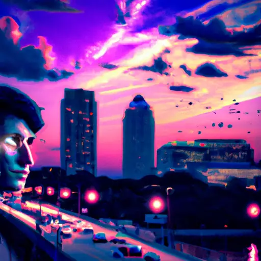 An image showcasing a vibrant cityscape at dusk, with a Gemini man in the foreground