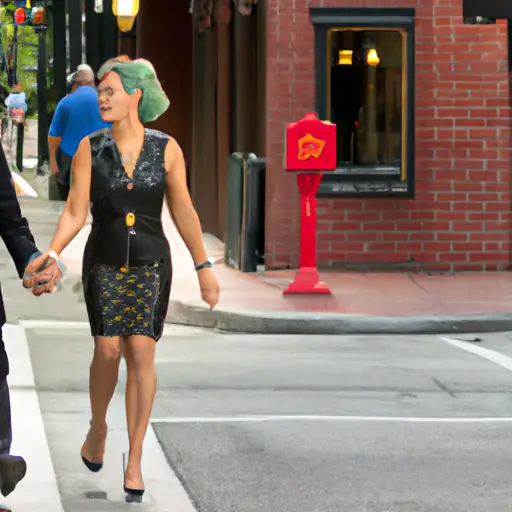 An image capturing a couple walking hand in hand on a vibrant city street, the woman confidently leading while the man gazes at her adoringly, showcasing their unbreakable bond despite societal expectations