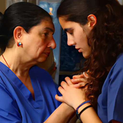 An image capturing a nurse tenderly holding a patient's hand, their faces illuminated in soft light