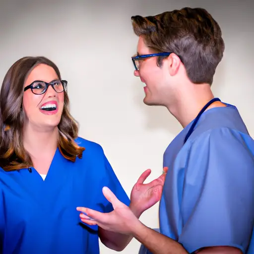An image showcasing a nurse and their partner engaged in a deep conversation, leaning in towards each other with eye contact and expressive hand gestures, emphasizing the importance of excellent communication skills in a relationship