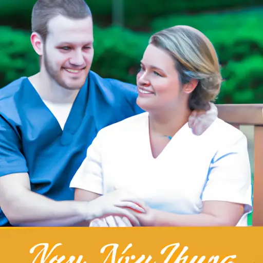 An image showcasing a nurse and their partner sitting on a park bench, holding hands