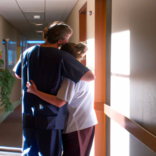 An image depicting a caring nurse embracing her partner, both wearing scrubs, as they share a tender moment in a sunlit hospital corridor