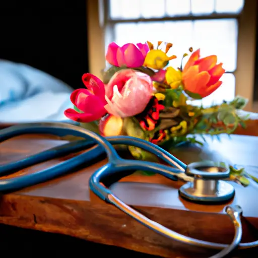 An image capturing the essence of a resident doctor's life, showcasing a stethoscope wrapped around a bouquet of vibrant flowers on a cluttered bedside table, symbolizing the delicate balance between work and personal life