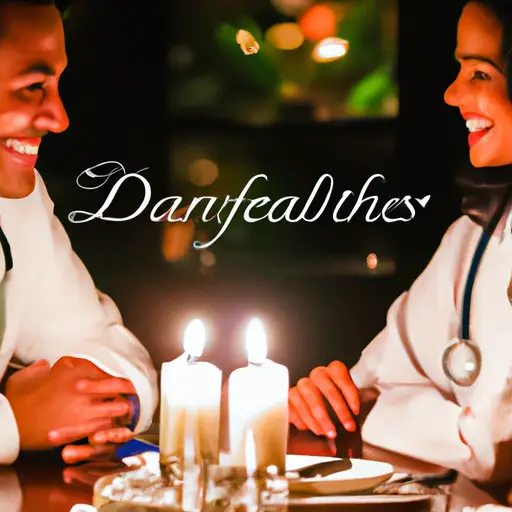 An image showcasing a beaming couple exchanging heartfelt smiles over a candlelit dinner in a cozy, dimly lit restaurant, while a discreetly displayed stethoscope highlights their shared pride in the resident doctor's recent achievements