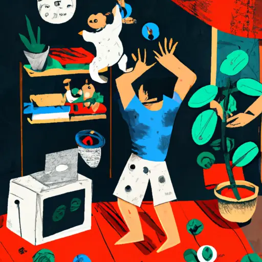 An image depicting a chaotic living room scene, with scattered toys, a neglected plant, and a single dad juggling household chores and his child's needs, illustrating the overwhelming challenges of dating a single dad