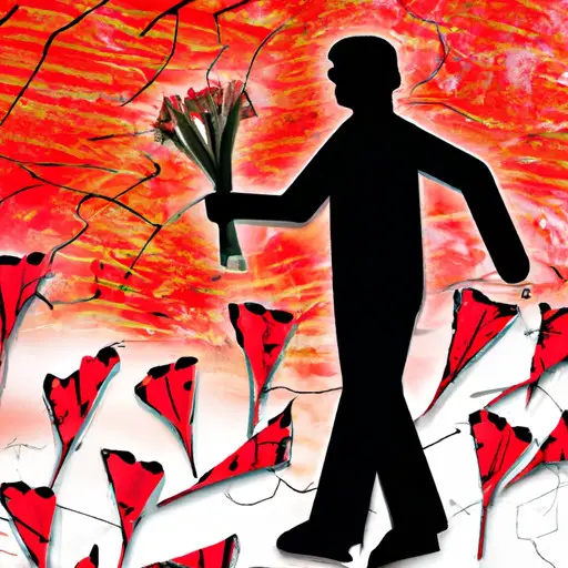 An image capturing the silhouette of a single dad holding a bouquet of red flags instead of flowers, against a backdrop of broken hearts and shattered dreams, symbolizing the warning signs to watch out for when dating