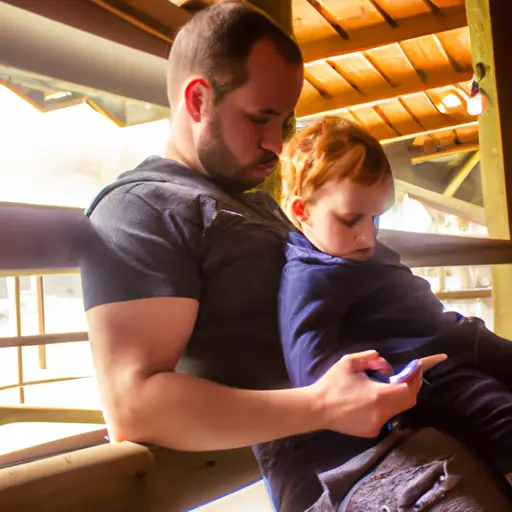 An image showcasing a single dad spending time with his child while distractedly checking his phone, hinting at potential challenges ahead