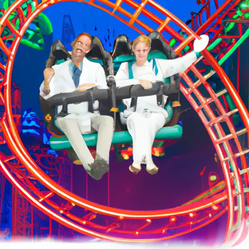 An image showcasing a couple on a thrilling rollercoaster ride, with the surgeon's radiant smile and the partner's exhilarated expression capturing the essence of embracing the adventure and excitement of dating a surgeon