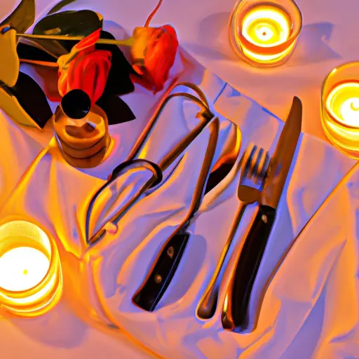 An image capturing the essence of dating a surgeon: A candlelit dinner table adorned with stethoscope-themed cutlery, next to a bouquet of roses intertwined with surgical instruments, symbolizing the delicate balance between love and the demanding nature of their profession