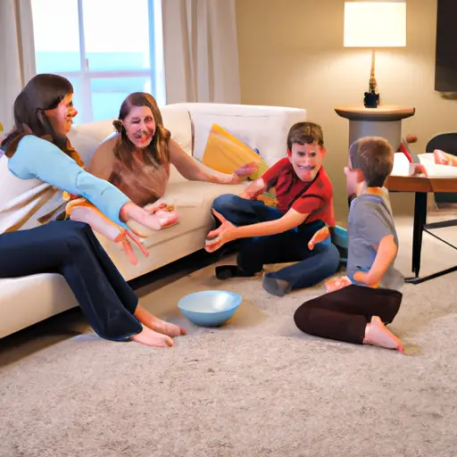 E an image featuring a group of diverse individuals in a cozy living room, engaged in meaningful conversation and laughter, while children play happily nearby, emphasizing the importance of building a strong support system when dating after divorce with kids