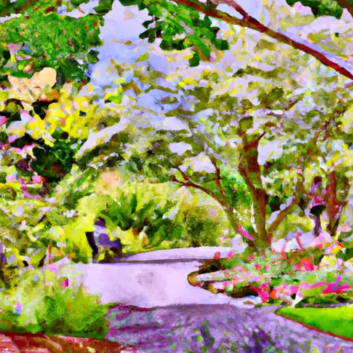 An image featuring a serene, sun-drenched garden path, lined with vibrant flowers and shaded by towering trees