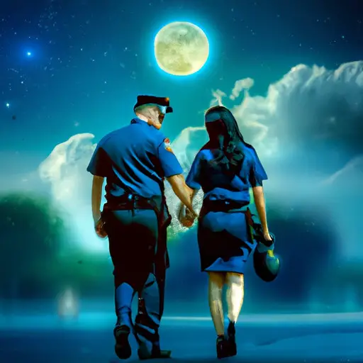 An image capturing the romantic essence of dating an officer: A couple strolling hand in hand beneath a moonlit sky, the officer in uniform exuding confidence and protection, while their partner radiates trust and admiration